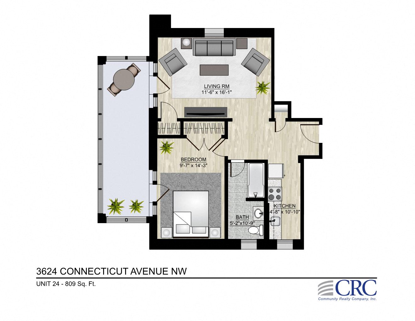 Floor plan for 1 bed, 1 bath, 809 sqft